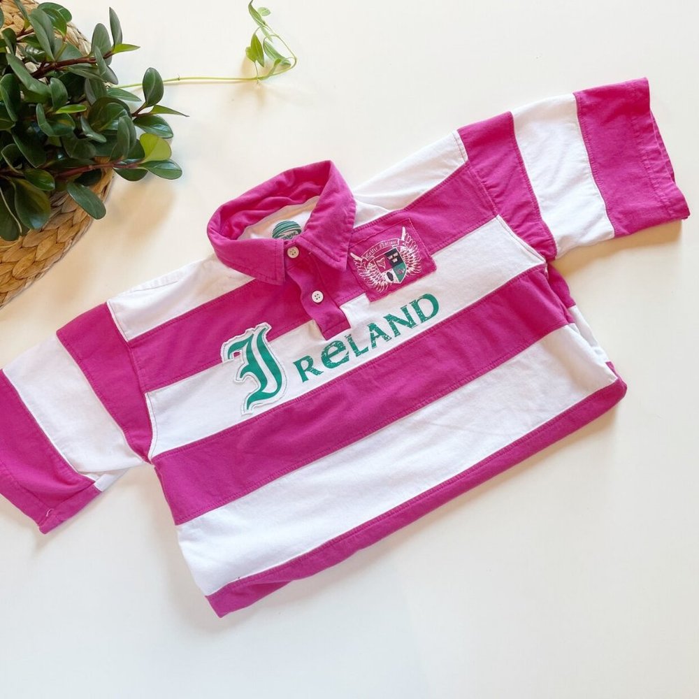 • Lansdowne Ireland Rugby Pink Striped Polo Shirt • 11/12